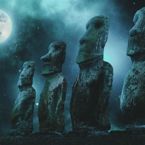 Moai Statues Wallpaper 4k Easter Island Full Moon Stars