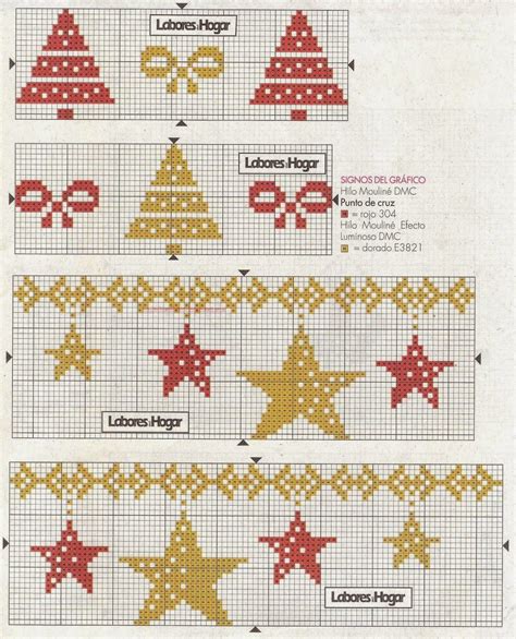 The Cross Stitch Pattern For Christmas Trees And Stars Is Shown In Red