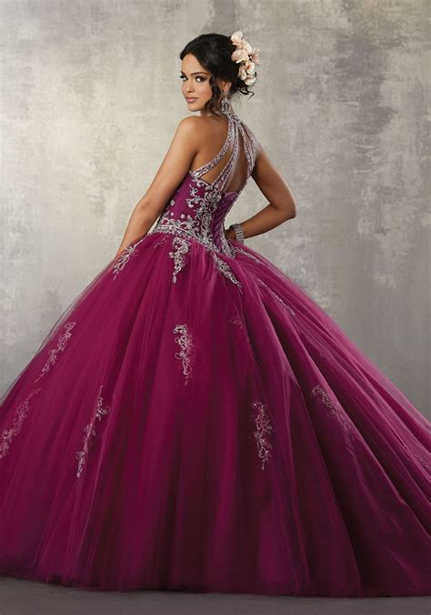 Metallic Embroidered Appliqués With Crystal Beading On A Tulle Ballgown Quincenera Dresses