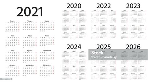 İspanyolca Takvim 2021 2022 2023 2024 2025 2026 2020 Yıl Vektör