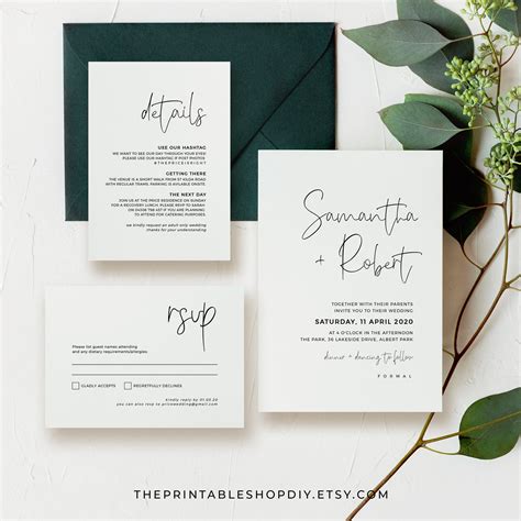 Modern Minimal Wedding Invitation Template Black And White Etsy Australia
