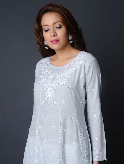 Buy Blue White Chikankari Handloom Khadi Kurta By Jaypore Cotton Women