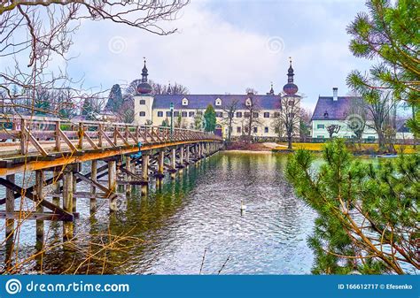 The Long Wooden Bridge Of Schloss Ort Castle Gmunden Austria Stock