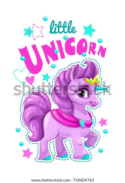 Little Cute Cartoon Unicorn Label Vector Girlish Print For T Shirt