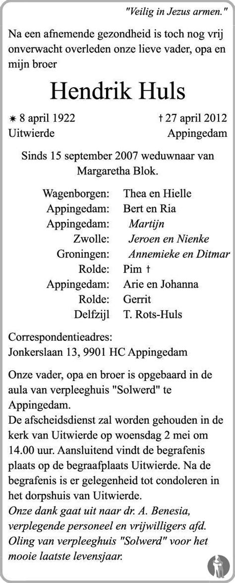 Hendrik Huls 27 04 2012 Overlijdensbericht En Condoleances Mensenlinq Nl