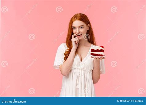 Seductive Coquettish Redhead Alluring Girlfriend Suggest Try Her Peace Cake Holding Delicious