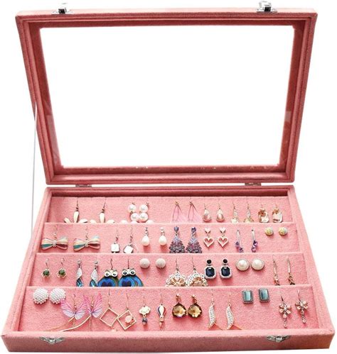 Bienser Earrings Organiser Velvet Clear Lid Earring Holder And 32 Pairs