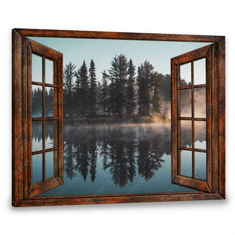 Hayooo Faux Window Wall Art For Living Room With Beautiful Forest Lake