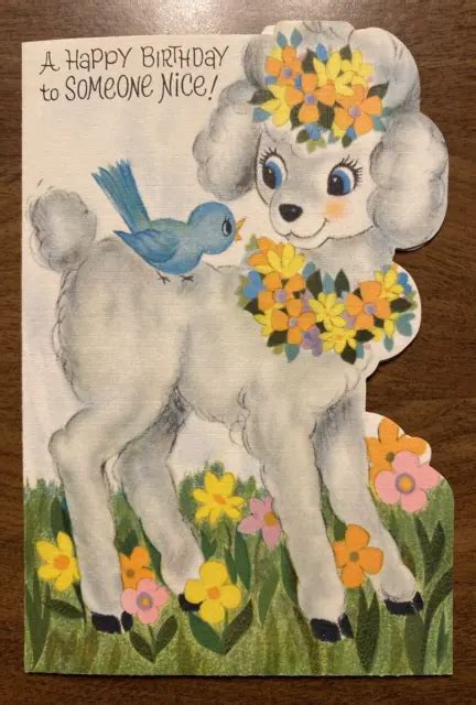 Vintage 1960s Happy Birthday Greeting Card Diecut Lamb And Bird Grass