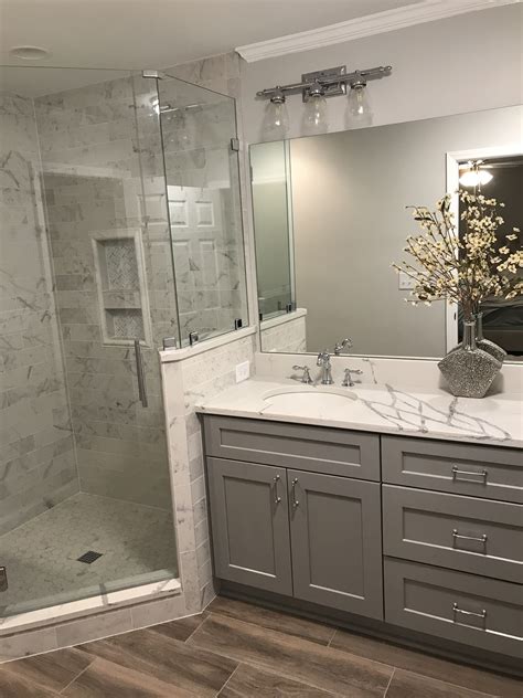 Master Bathroom Renovation White And Gray Quartz Porcelain Tile Gray