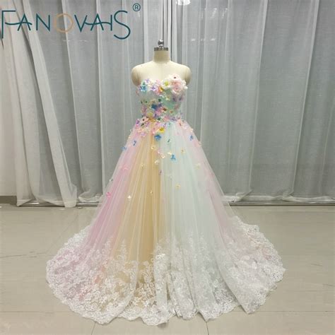 Multi Color Wedding Dresses Tulle 3d Flowers Bridal Gowns Rainbow