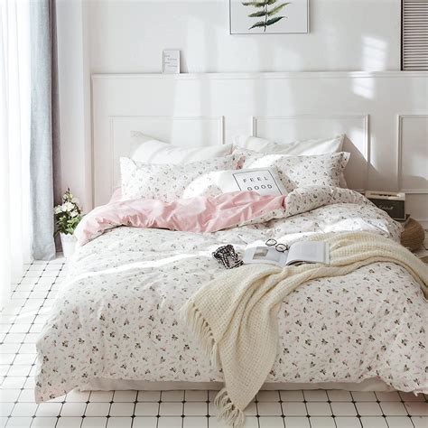 Vclife Queen Cotton Duvet Cover Sets Pink White Floral Bedding Sets