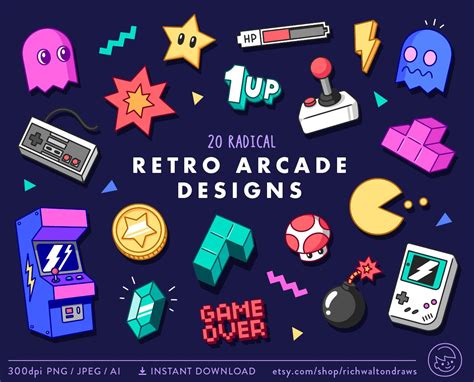 Retro Arcade Clip Art Retro Gaming Clipart Video Game Clip Etsy Uk