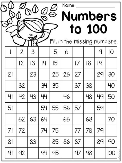 Numbers to 100 worksheet for first grade. Fill in the missing numbers