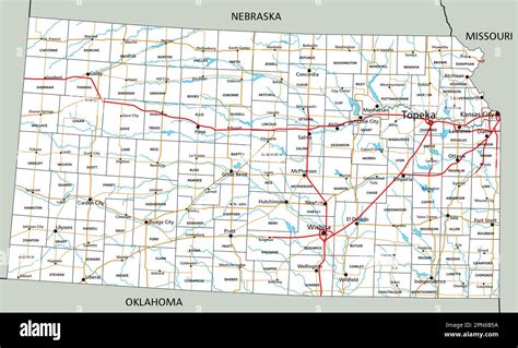 High Detailed Kansas Road Map With Labeling Stock Vector Image And Art