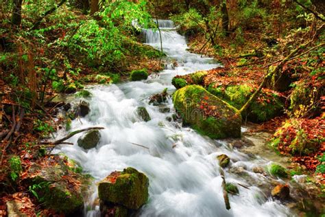 Scenic View Of Mountain River Among Mossy Stones And Fall Woods Stock