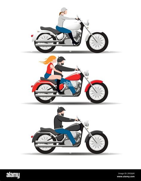 Set Of Vector Images Of Drivers And Passengers Of A Classic Motorcycle