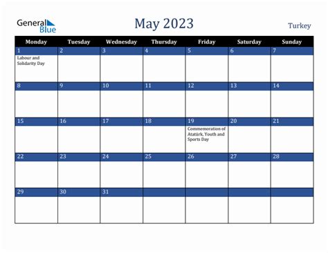 May 2023 Turkey Monthly Calendar With Holidays