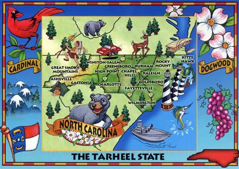 Large Tourist Illustrated Map Of North Carolina State North Carolina