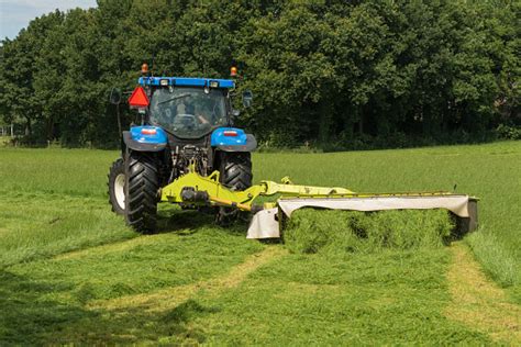 Pasture Mowing With Blue Tractor And Mower Stock Photo Download Image