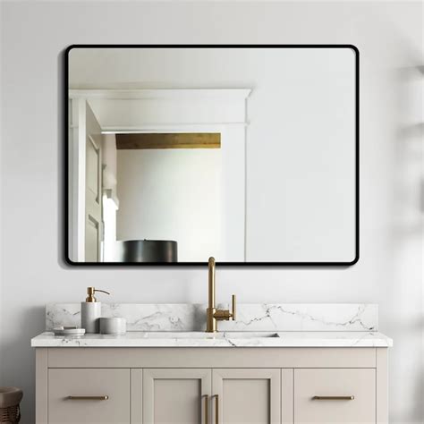 wellfor 48 in framed bathroom mirror 48 in w x 36 in h black rectangular framed bathroom vanity