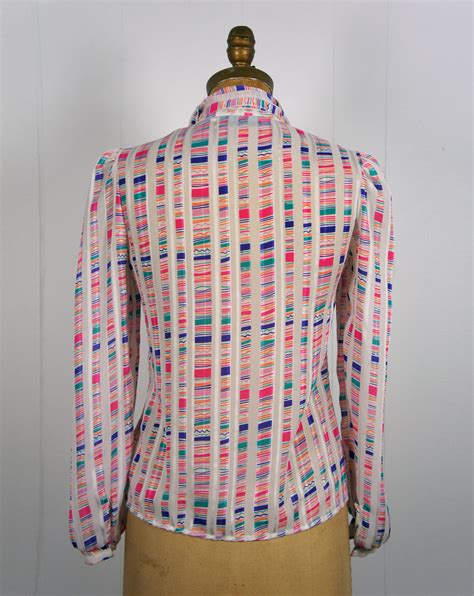 vintage 1970 s rainbow striped secretary bow blouse size s hoof and antler