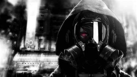 Eyes Purple Eyes Original Characters Artwork Anime Monochrome Mask Face Mask Gas Masks