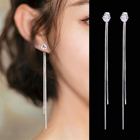 2019 New Fashion Silver Plated Dangle Hanging Gem Stone Rhinestone Long Drop Earrings For Women