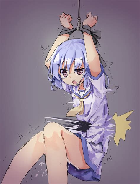 Hassai Original Light Purple Hair Highres 1girl Arms Up Bound Bound Wrists Clenched