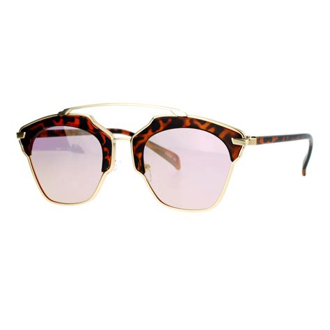 Sa106 Metal Outline Mirrored Mirror Lens Retro Vintage Half Rim Sunglasses Tortoise Pink