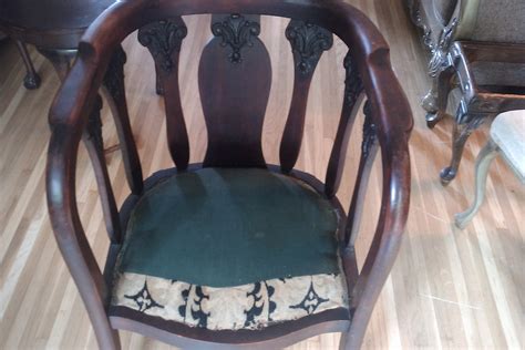 Antique Carved Wood And Upholstery Barrel Chair Instappraisal