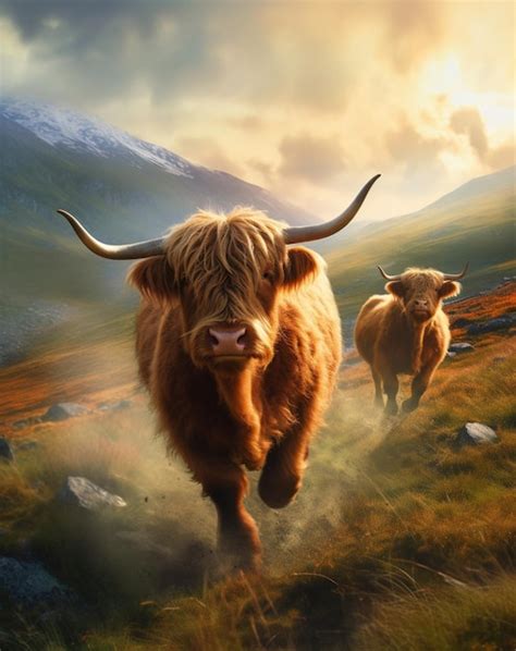 Premium Ai Image A Highland Cow Is Running In A Field With Mountains