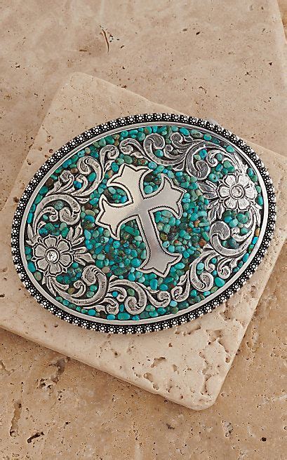 Nocona Turquoise Stones With Silver Cross And Flowers Western Belt Buckle