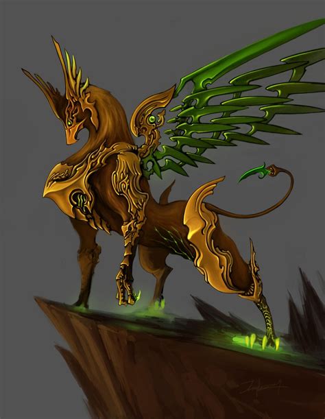 A Golden Dragon With Green Wings Standing On Top Of A Hill In Front Of