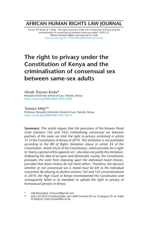 Pdf The Right To Privacy Under The Constitution Of Kenya And The Criminalisation Of Consensual