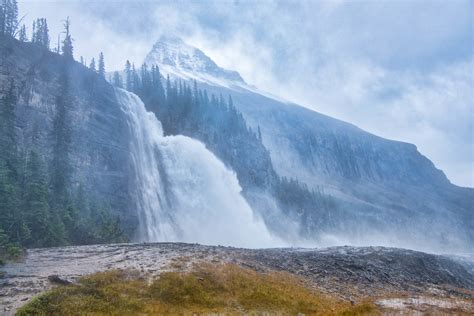 Emperor Falls In Rainstorm Fog Mist Rocky Mountains Mount Robson
