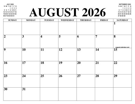 August 2026 Calendar Of The Month Free Printable August Calendar Of