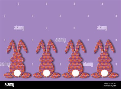 3d Background Illustration Of Four Easter Bunnies In A Row Decorated