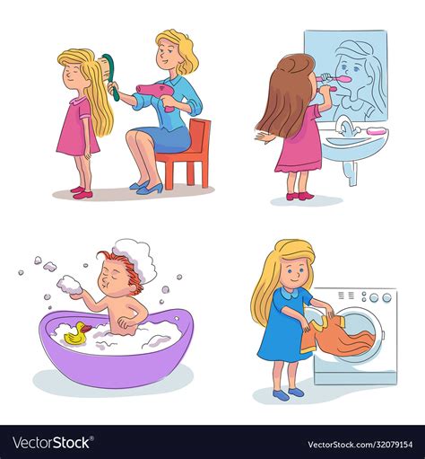 Girl Daily Hygiene Activities Cartoon Scenes Set Vector Image
