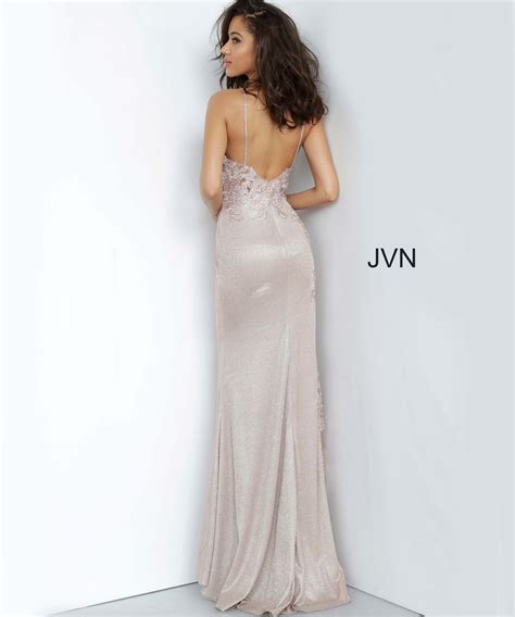 JVN2205 Nude Sheer Embroidered Bodice Prom Dress