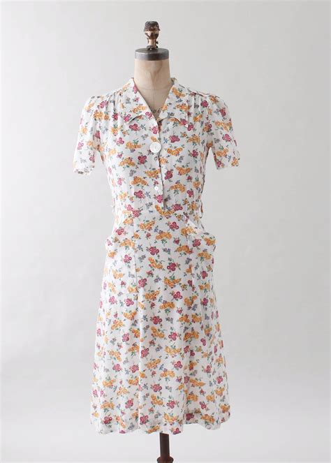 Vintage 1930s Floral Cotton Shirtwaist Day Dress Raleigh Vintage