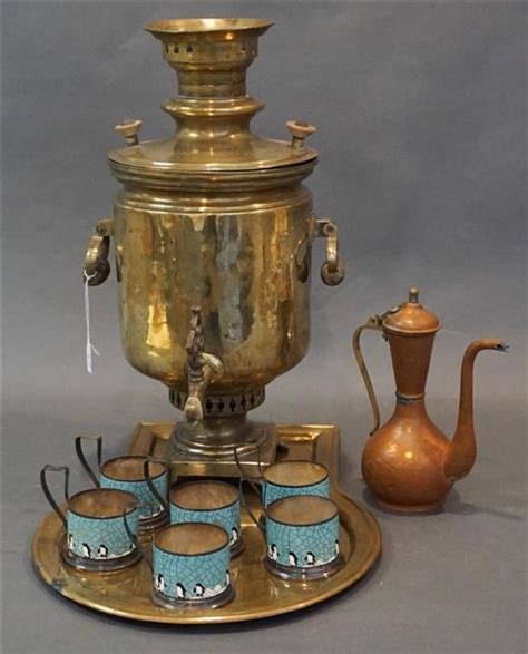 Lot Russian Brass Samovar With Tray Six Penguin Decorated Cup