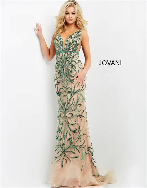 Jovani 60289 Emerald Nude Embellished Fitted Prom Dress
