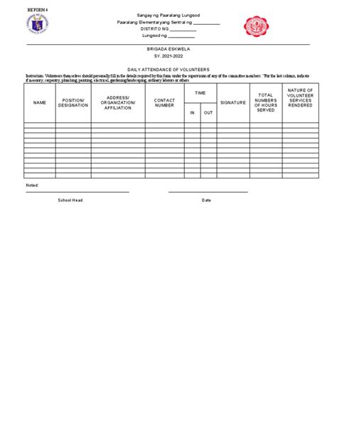 Brigada Eskwela Form 4 Daily Attendance Of Volunteer Pdf