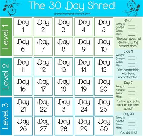 30 Days Shred Calendar 30 Day Shred Jillian Michaels Fun Workouts