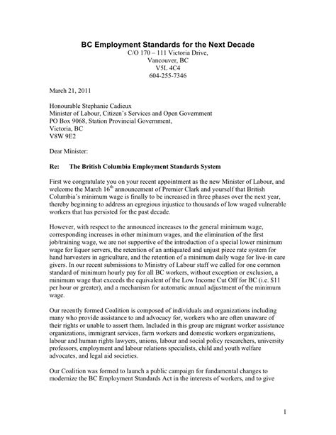 Letter to Provincial Government | BC Employment Standards Coalition