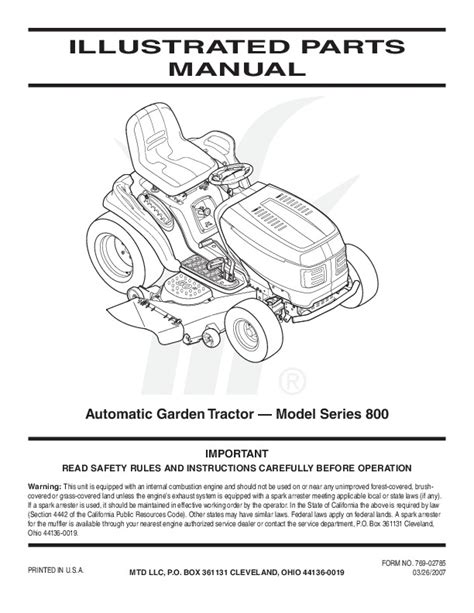 Mtd 800 Series Automatic Garden Tractor Lawn Mower Parts List