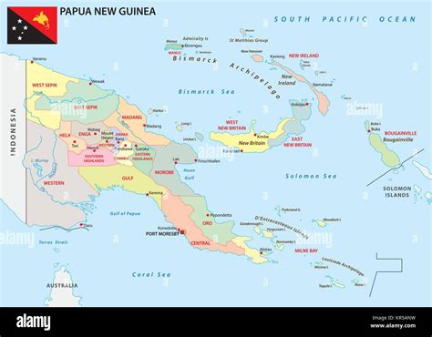 Papua Nueva Guinea Mapa Vector Administrativo Y Político Con La Bandera