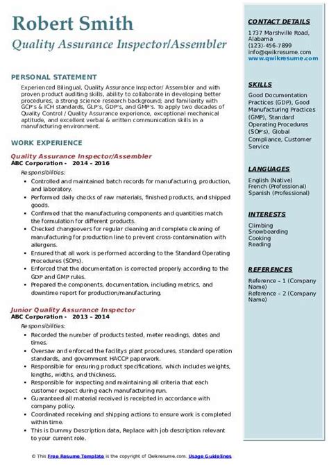 Writing a great quality assurance inspector resume is an important step in your job search journey. Quality inspector resume pdf February 2021