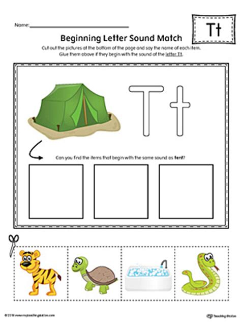 Letter T Beginning Sound Picture Match Worksheet (Color